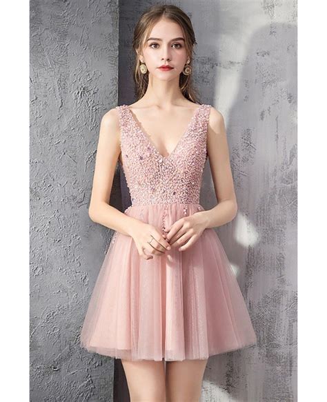 Rose Pink Tulle Short Prom Dress Vneck With Bling Sequins Dm