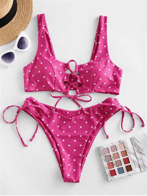 35 Off 2021 Zaful Polka Dot Lace Up Tie High Cut Bikini Swimsuit In Deep Pink Zaful