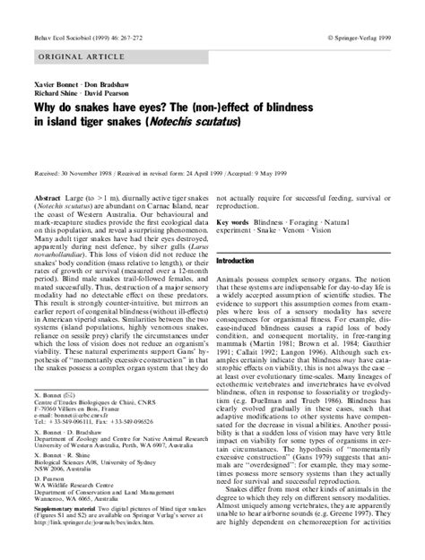 (PDF) Why do snakes have eyes? The (non-)effect of blindness in island tiger snakes ( Notechis ...