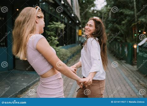 Two Lesbians Having Fun On The Street Stock Image Image Of Blonde