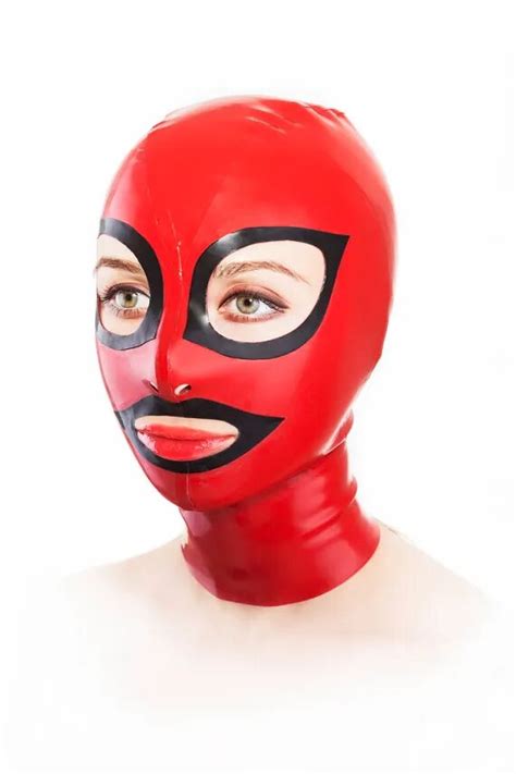 back zipped latex face hood sexy latex costumes red latex mask 0 4mm thickness on