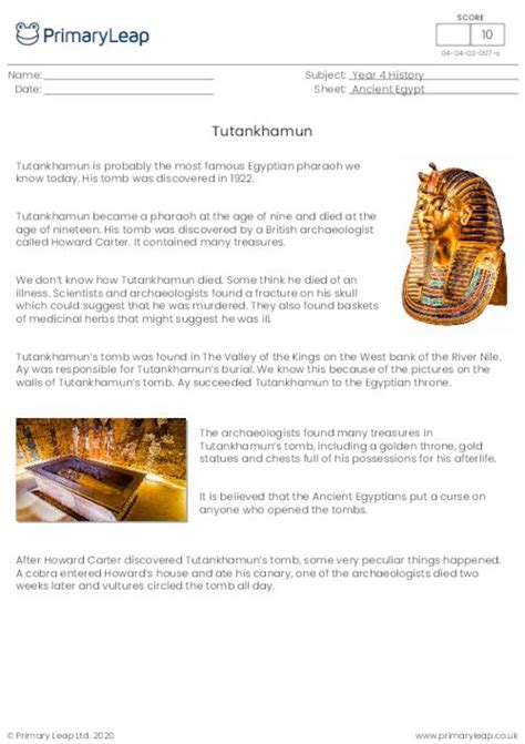History Tutankhamun Worksheet Uk