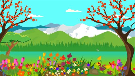Green Field Flower Garden Mountains Cartoon Background Animation