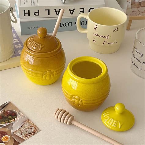 Honey Bee Pot Jar And Wood Dipper Ceramic Beehive Wbee Spoon Bee Tier Tray Decor Honey Dipper