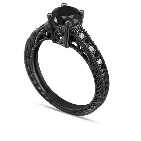 Black Diamond Engagement Ring 14k Black Gold 063 Carat Vintage Antique