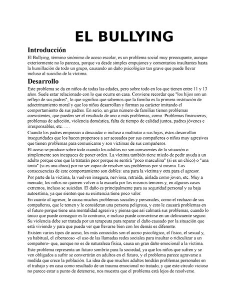Ensayo Sobre El Bullying El Bullying Introducci N El Bullying T Rmino Sin Nimo De Acoso