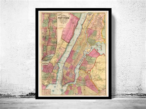 Old Map Of New York And Manhattan 1860 Vintage Map Wall Map Print