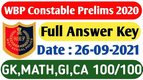 WBP Constable 2020 Preliminary Exam Full Answer Key WBP Constable Exam