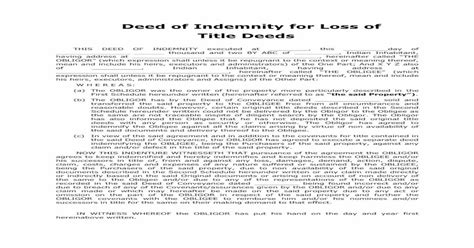 Deed Of Indemnity For Loss Of Title Web