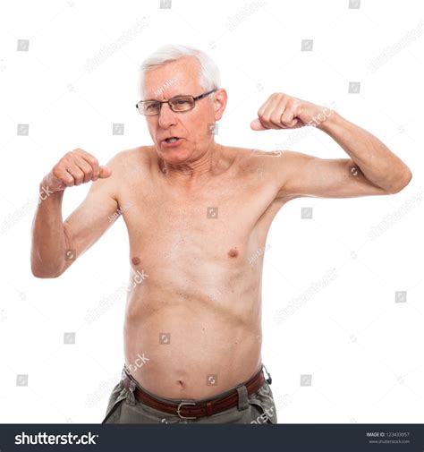 Shirtless Senior Man Gesturing And Showing Body Isolated On White Background Stock Photo