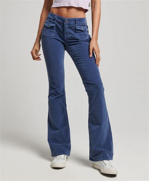 Womens Low Rise Velvet Flare Jeans In Blue Superdry