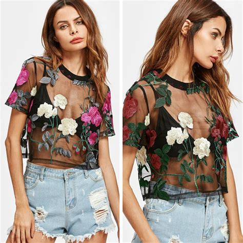 Buy Sexy Women Sheer Mesh Crop Top Flower Embroidered Short Sleeve Semi Blouse