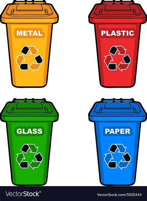 Each type of recyclable plastic requires a different process and different equipment. Four different colored recycling bins Royalty Free Vector