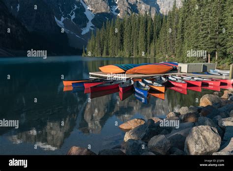 Canoes On Moraine Lake Banff National Park Canada Stock Photo Alamy