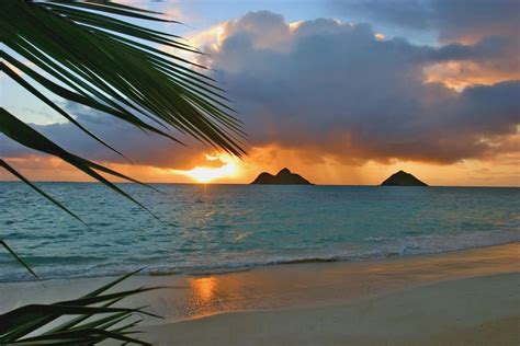 Hawaii Oahu Dramatic Sunrise At Lanikai Beach Mokulua Islands Palm
