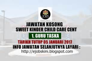 Jawatan kosong ini telah dibuka kepada seluruh rakyat malaysia yang berumur tidak kurang daripada 18 tahun dan ke atas. Jawatan Kosong Terkini Sebagai Guru Taska - 05 Januari 2017