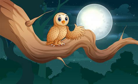 Owl Sitting On Tree Branch At Night Illustration 6951266 Vector Art At