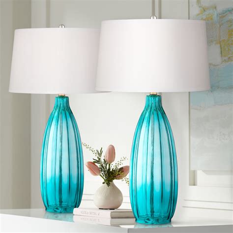 360 Lighting Coastal Table Lamps 30 Tall Set Of 2 Fluted Blue Glass