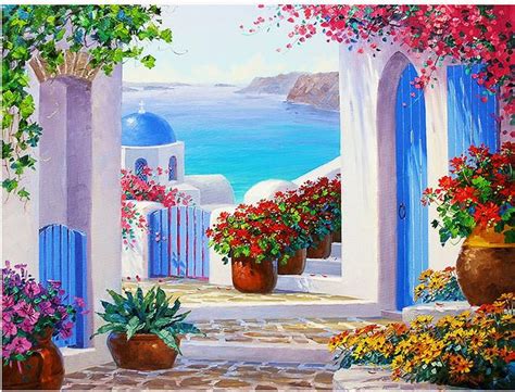 High Quality Hd Mediterranean Garden Painting Wallpaper 3d