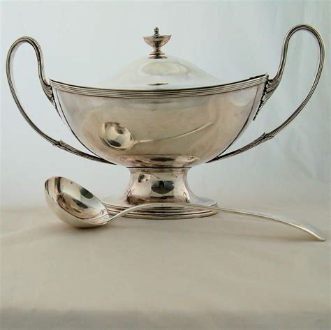Antique Sheffield English Silver Plated Soup Tureen With Ladle Circa