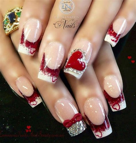 White With Red Glitter French With Hearts Nail Designs Valentines