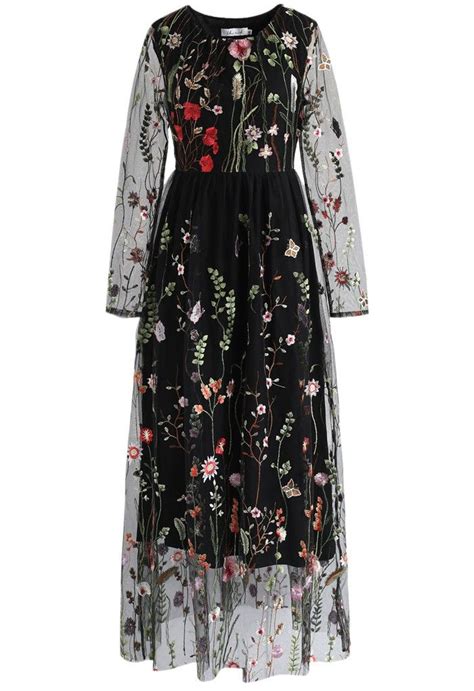 Lost In Flowering Fields Embroidered Mesh Maxi Dress In Black New