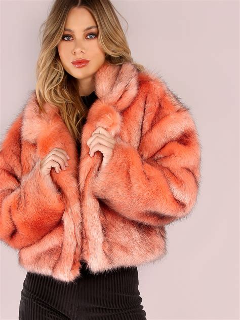 Pink Stand Collar Open Front Faux Fur Coat Sheinsheinside