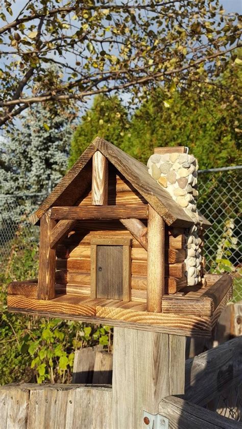 Bird Feeder Log Cabin Style With Stone Chimney Etsy Cabin Fireplace