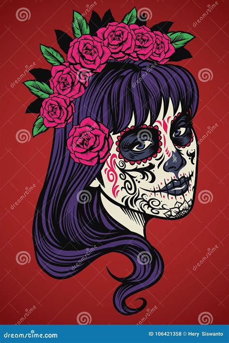 Beautiful Sugar Skull Woman Illustration Day Of Dead Cartoon Vector 66068831