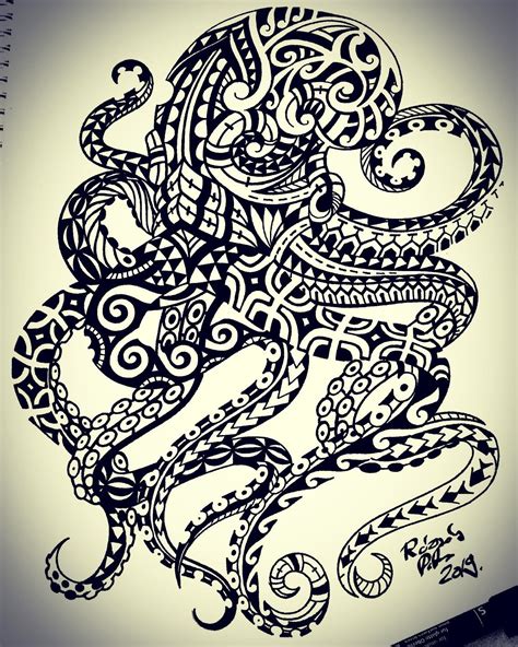 Octopus Maori Polynesian Tattoo Flesh Free Hand Drawing Finished By