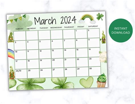 Editable March 2024 Calendar Printable Wall Calendar 2024 Green St