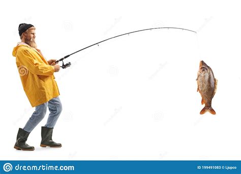 Full Length Profile Shot Of A Bearded Fisherman Catching A Big Fish