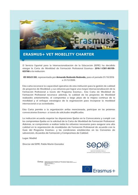 Erasmus Ies Siglo Xxi Carta De Movilidad De FormaciÓn Profesional