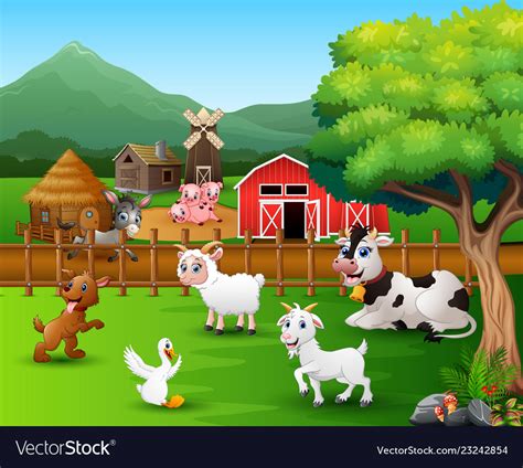 Farm Scenes With Different Animals In The Farmyard