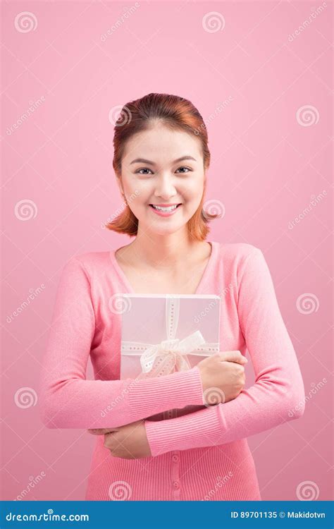 Sweet Asian Young Woman Holding T On Link Background Stock Image