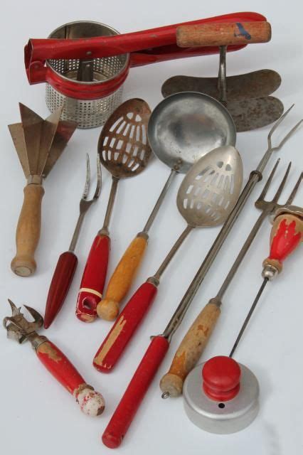 Vintage Kitchen Utensils W Red Handles Red Painted Wood Handled