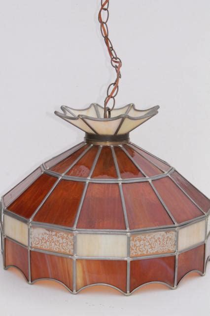 S Vintage Swag Lamp Pendant Light W Amber Stained Glass Leaded Glass