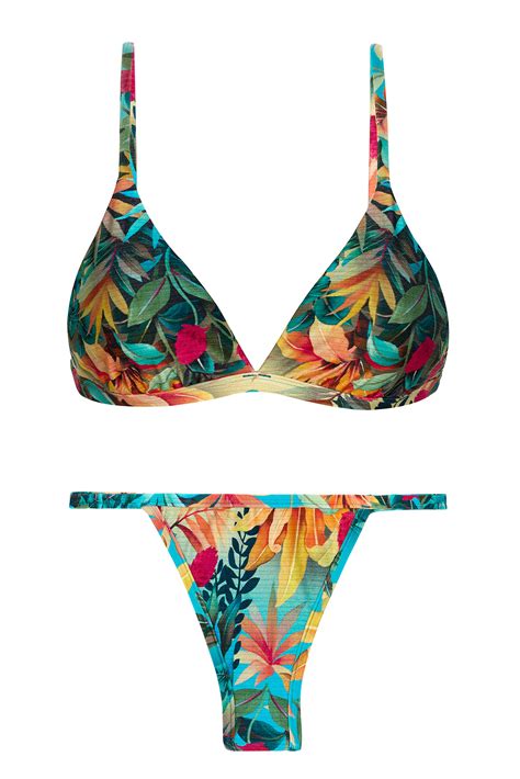 Brazilian Bikini With Adjustable Top And Tropical Pattern Set