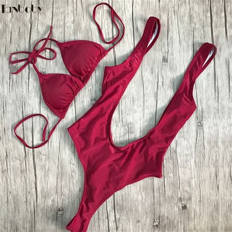 Monokini High Cut 1 Piece Thongs Bottoms Swimsuits Padded Cup Beach Swimwear Women 2017 New Red
