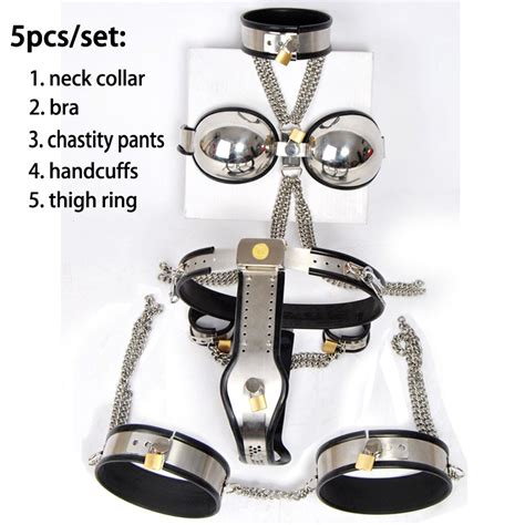 5pcsset Stainless Steel Chastity Device Bondage Kit Handcuffs Neck