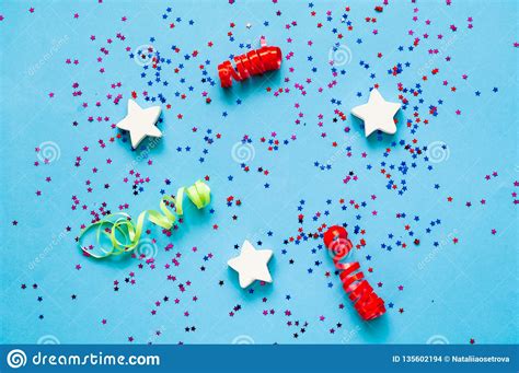 Confetti And Stars On Blue Pastel Trendy Background