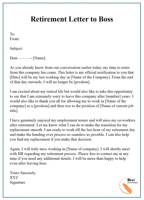 7 Free Retirement Letter Template Format Sample Example