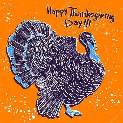 Happy Thanksgiving Day Outline Cartoon Turkey With Text Bright Orange