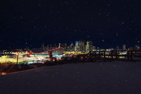 Nighttime Snowfall Over Downtown Calgary Stock Photo Image Of
