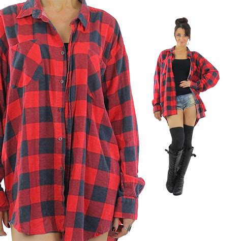 Red Buffalo Plaid Shirt 90s Grunge Flannel Button Up 1990s Oversized
