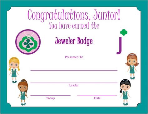 Junior Jeweler Badge Certificate Girl Scout Juniors Girl Scout
