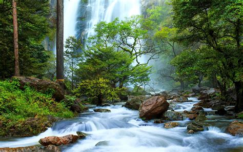Hd Wallpaper Thailand Waterfalls Falls From A Height River Rocks Stones Green Forest Beautiful