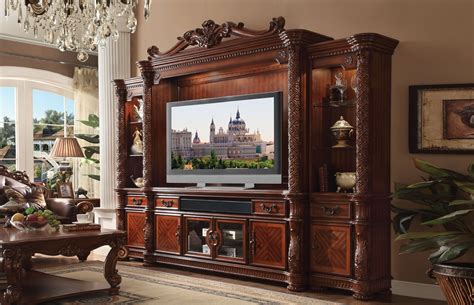 Elegant wall unit entertainment center tv cabinet with glass front bookcases. Vendome Entertainment Center | Wood entertainment center ...