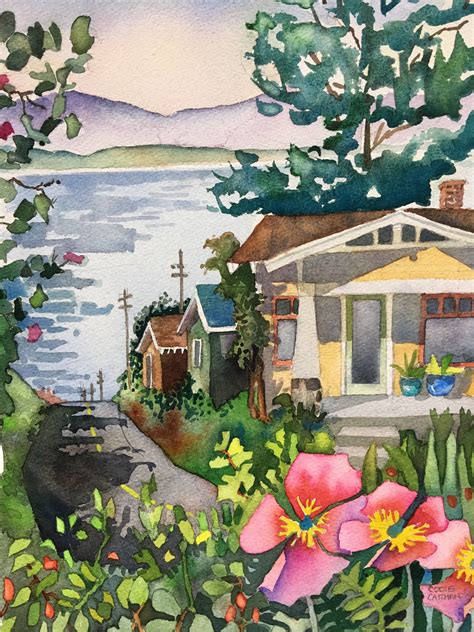 A Watercolor Painting Of A House By The Lake With Flowers In Front Of It