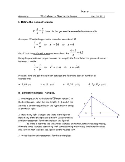 Geometric Mean Between Two Numbers Worksheet